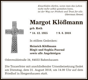 Traueranzeige von Margot Klößmann von Offenbach