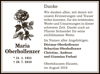 Traueranzeige von Maria Oberhollenzer von Offenbach