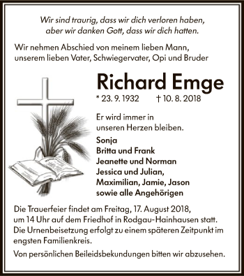 Traueranzeige von Richard Emge von Offenbach