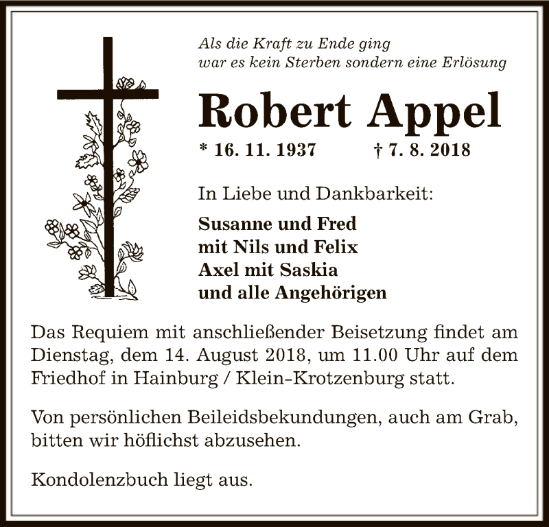  Traueranzeige für Robert Appel vom 11.08.2018 aus Offenbach