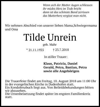 Traueranzeige von Tilde Unrein von Offenbach