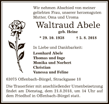 Traueranzeige von Waltraud Abele von Offenbach