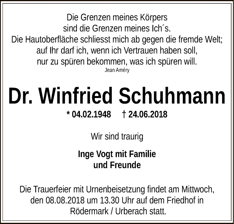  Traueranzeige für Winfried Schuhmann vom 04.08.2018 aus Offenbach