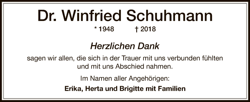  Traueranzeige für Winfried Schuhmann vom 18.08.2018 aus Offenbach