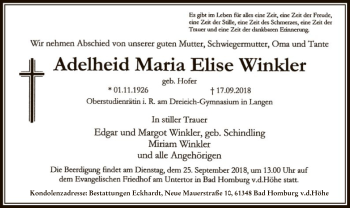 Traueranzeige von Adelheid Maria Elise Winkler von Offenbach