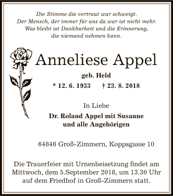 Traueranzeige von Anneliese Appel von Offenbach