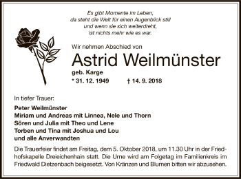 Traueranzeige von Astrid Weilmünster von Offenbach