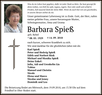 Traueranzeige von Barbara Spieß von Offenbach