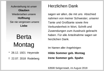 Traueranzeige von Berta Montag von Offenbach