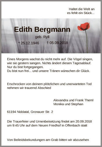 Traueranzeige von Edith Bergmann von Offenbach