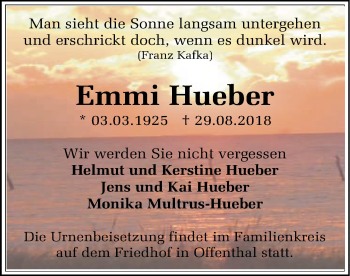 Traueranzeige von Emmi Hueber von Offenbach