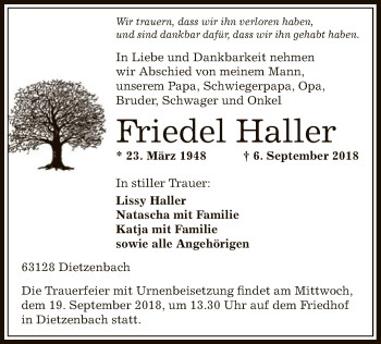 Traueranzeige von Friedel Haller von Offenbach