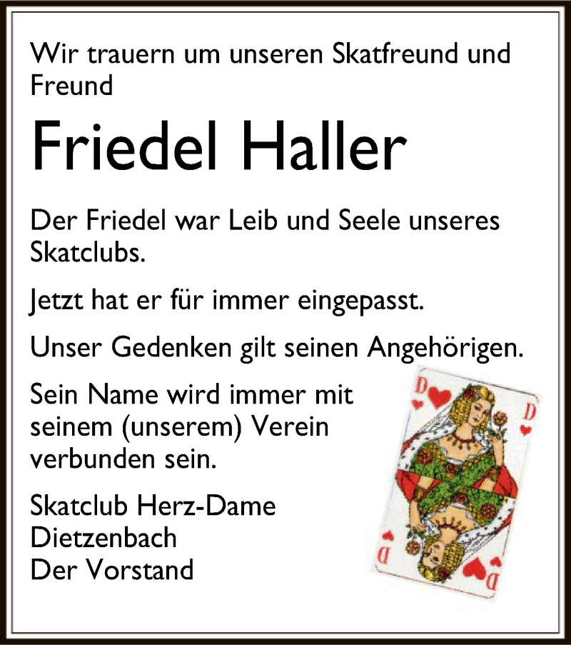  Traueranzeige für Friedel Haller vom 20.09.2018 aus Offenbach