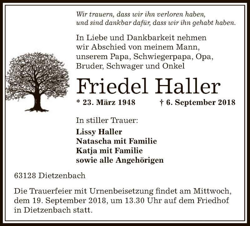  Traueranzeige für Friedel Haller vom 15.09.2018 aus Offenbach