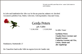 Traueranzeige von Gerda Peters von Offenbach