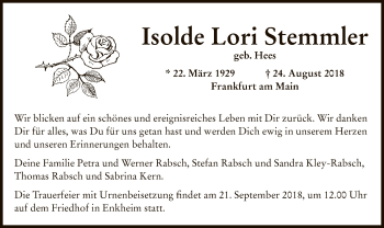 Traueranzeige von Isolde Lori Stemmler von Offenbach