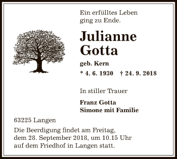 Traueranzeige von Julianne Gotta von Offenbach