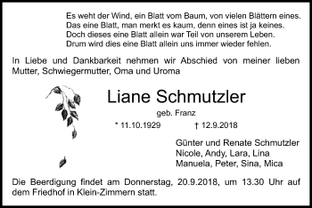 Traueranzeige von Liane Schmutzler von Offenbach