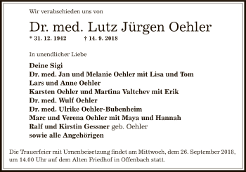 Traueranzeige von Lutz Jürgen Oehler von Offenbach