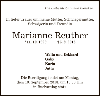 Traueranzeige von Marianne Reuther von Offenbach