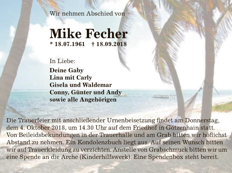  Traueranzeige für Mike Fecher vom 29.09.2018 aus Offenbach