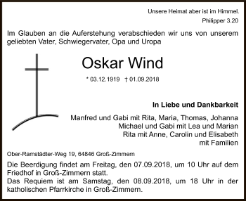 Traueranzeige von Oskar Wind von Offenbach