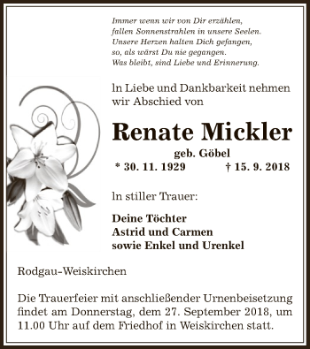 Traueranzeige von Renate Mickler von Offenbach