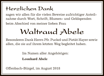 Traueranzeige von Waltraud Abele von Offenbach