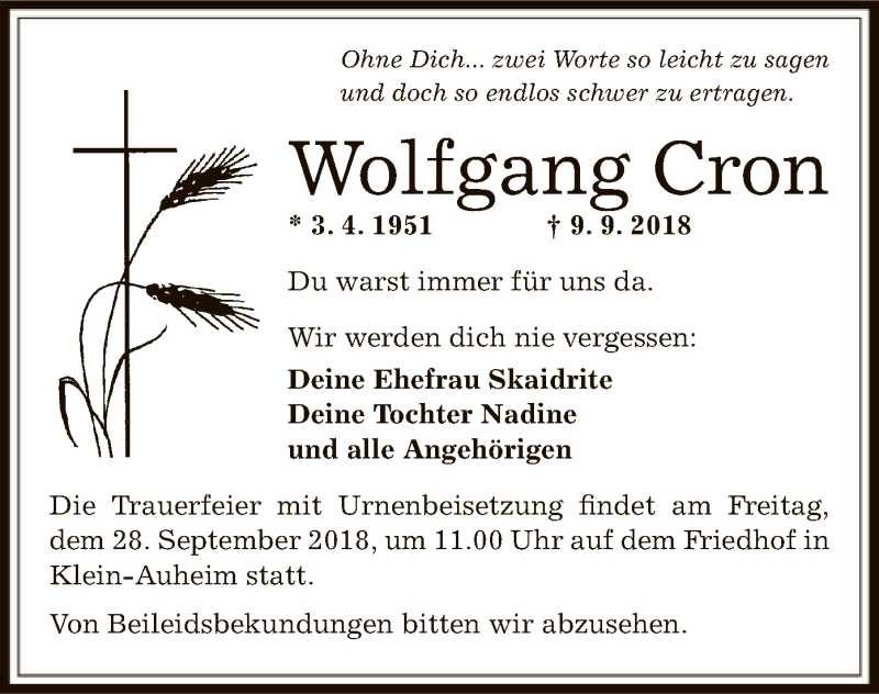  Traueranzeige für Wolfgang Cron vom 22.09.2018 aus Offenbach