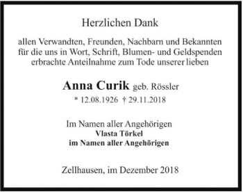 Traueranzeige von Anna Curik von Offenbach