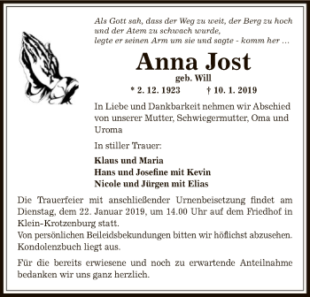 Traueranzeige von Anna Jost von Offenbach