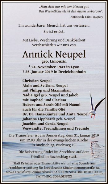 Traueranzeige von Annick Neupel von Offenbach