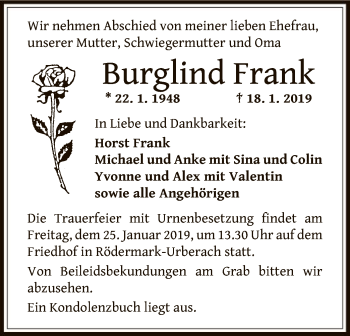 Traueranzeige von Burglind Frank von Offenbach