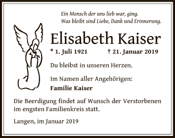 Traueranzeige von Elisabeth Kaiser von Offenbach