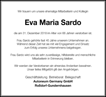 Traueranzeige von Eva Maria Sardo von Offenbach