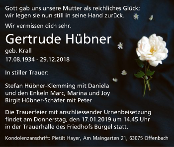 Traueranzeige von Gertrude Hübner von Offenbach