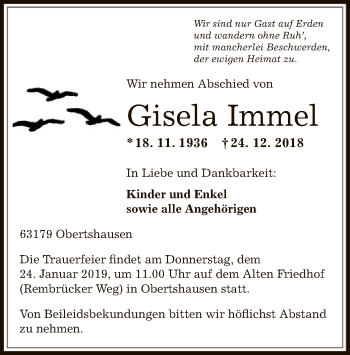 Traueranzeige von Gisela Immel von Offenbach