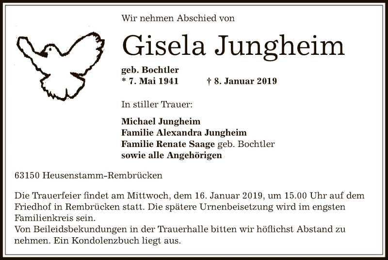  Traueranzeige für Gisela Jungheim vom 10.01.2019 aus Offenbach