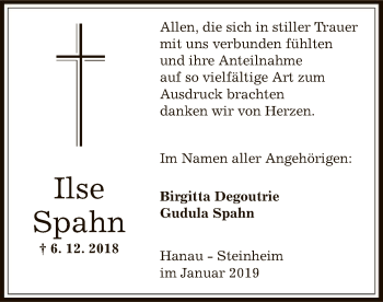 Traueranzeige von Ilse Spahn von Offenbach