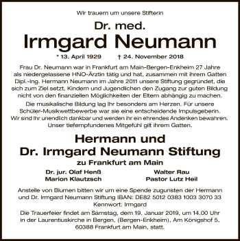 Traueranzeige von Irmgard Neumann von Offenbach