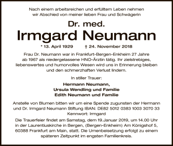 Traueranzeige von Irmgard Neumann von Offenbach