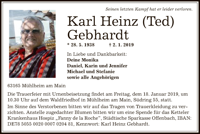 Traueranzeigen Von Karl Heinz Gebhardt | Trauer.op-online.de