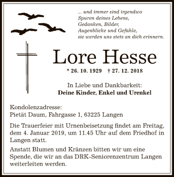 Traueranzeige von Lore Hesse von Offenbach