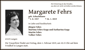 Traueranzeige von Margarete Fehrs von Offenbach