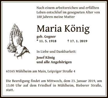 Traueranzeige von Maria König von Offenbach