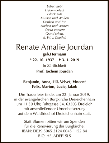 Traueranzeige von Renate Amalie Jourdan von Offenbach