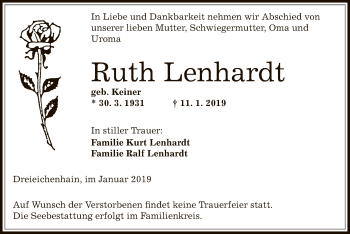 Traueranzeige von Ruth Lenhardt von Offenbach
