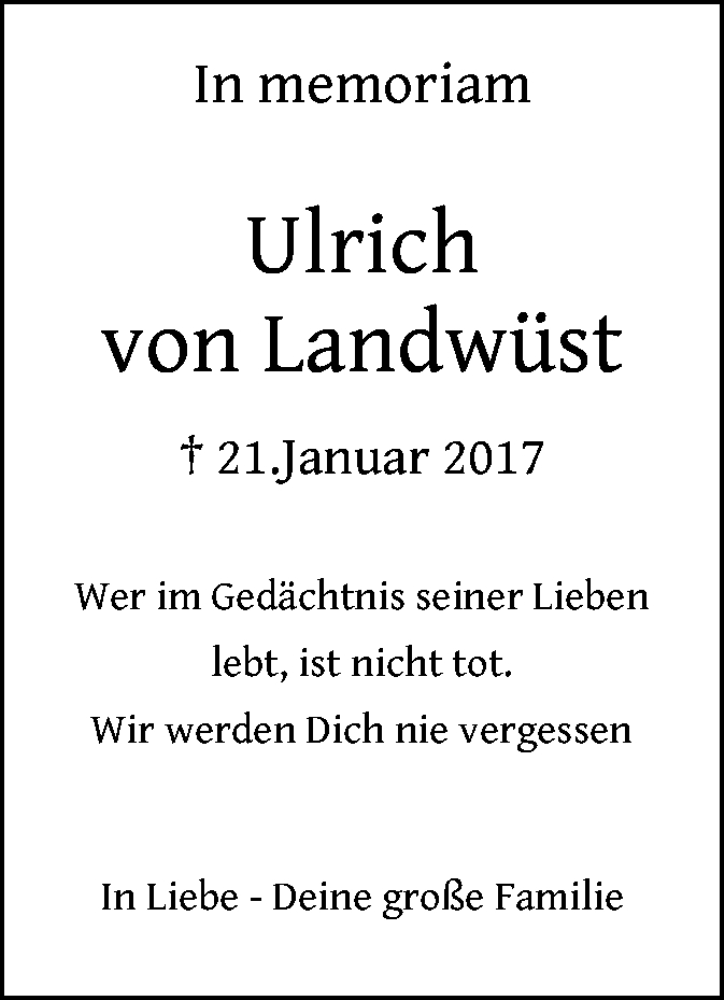  Traueranzeige für Ulrich von Landwüst vom 21.01.2019 aus Offenbach