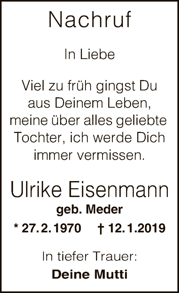  Traueranzeige für Ulrike Eisenmann vom 26.01.2019 aus Offenbach