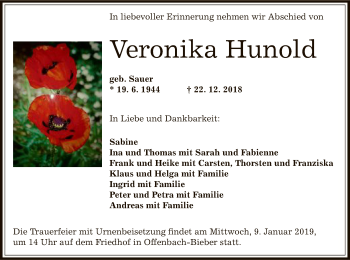 Traueranzeige von Veronika Hunold von Offenbach